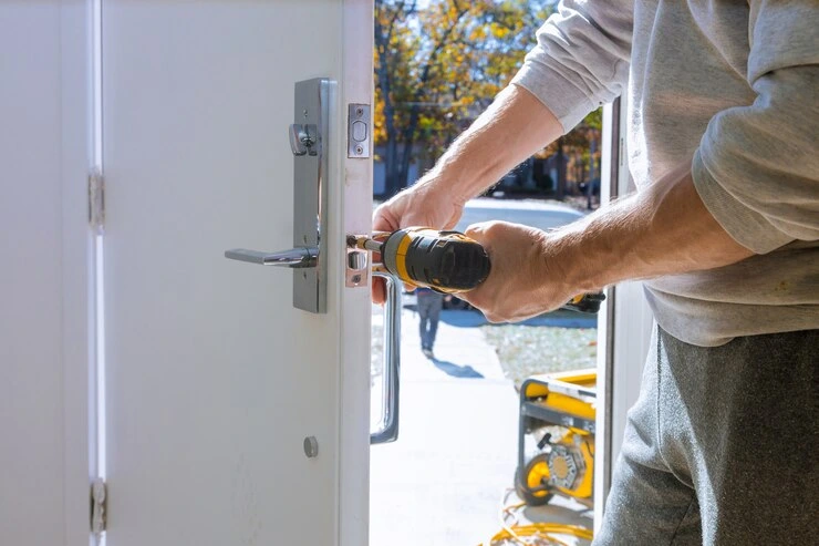 Installere en dørlås på døren til et nytt hus