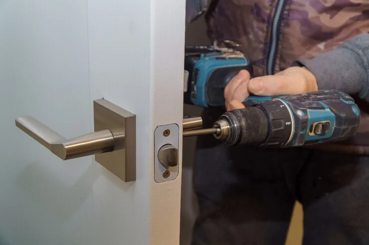 montere dørhåndtak med lås snekker trekke til skruen med elektrisk drill